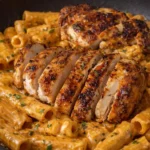 Plate of pasta with chicken, fresh herbs, and parmesan cheese