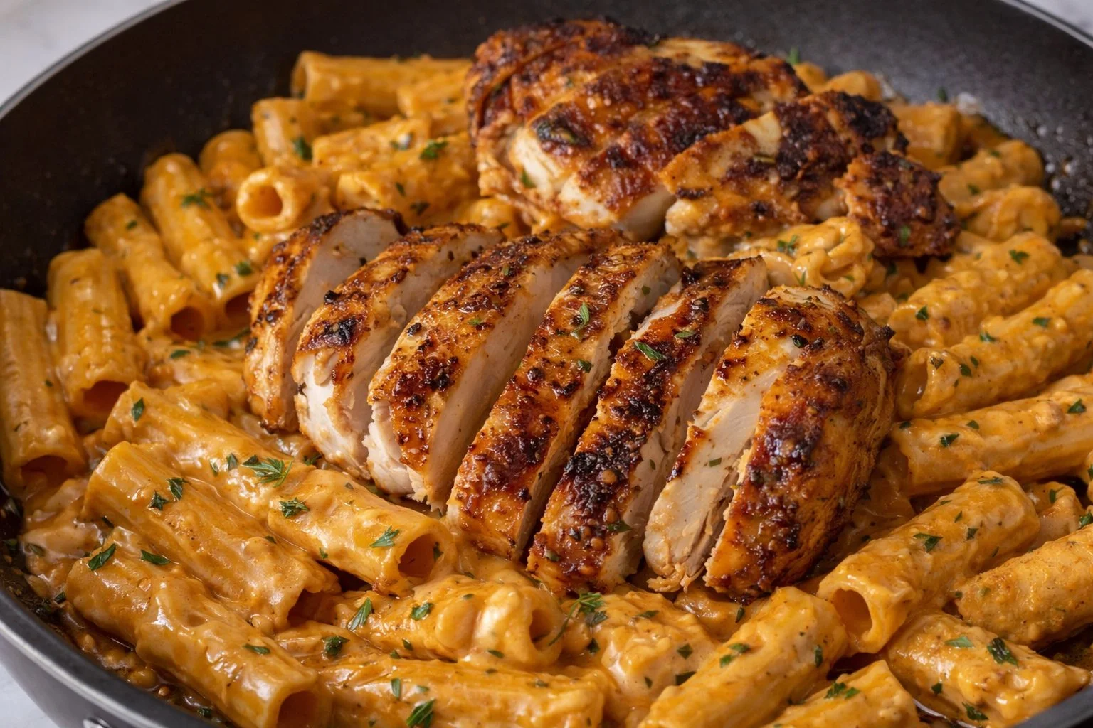 Plate of pasta with chicken, fresh herbs, and parmesan cheese