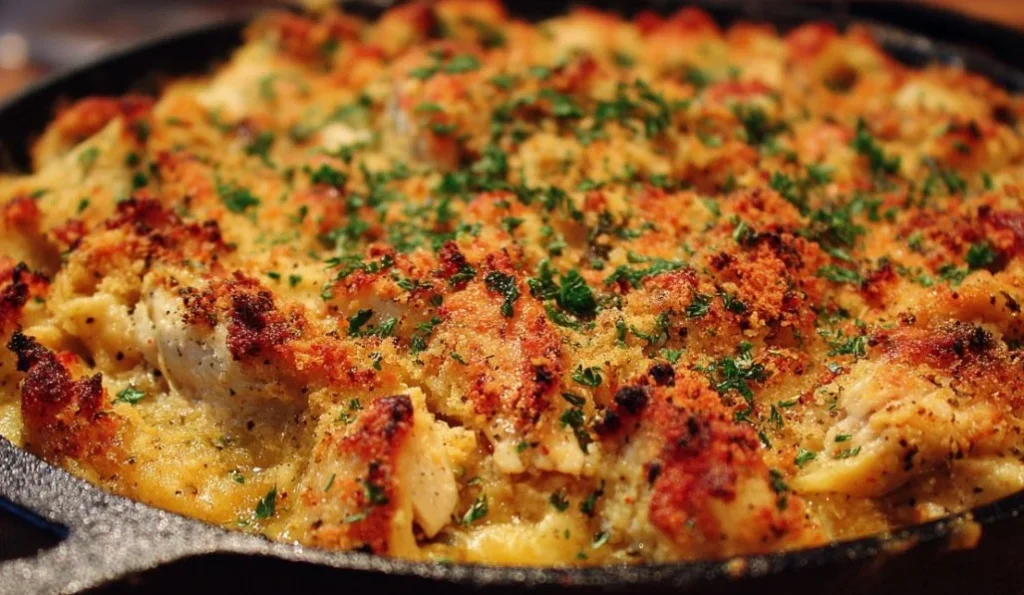 Delicious poppyseed chicken casserole ready to serve, topped with crunchy breadcrumbs.