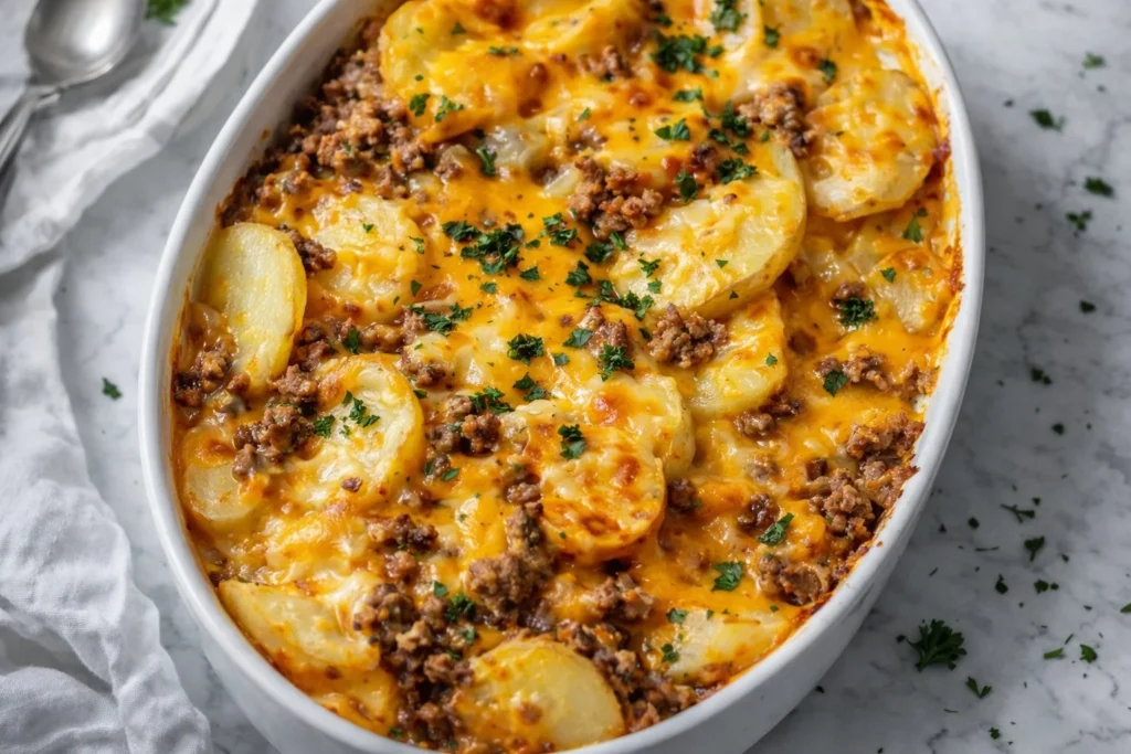 Delicious Potato and Ground Beef Casserole served in a baking dish.