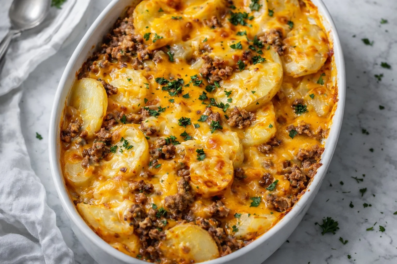 Delicious Potato and Ground Beef Casserole served in a baking dish.