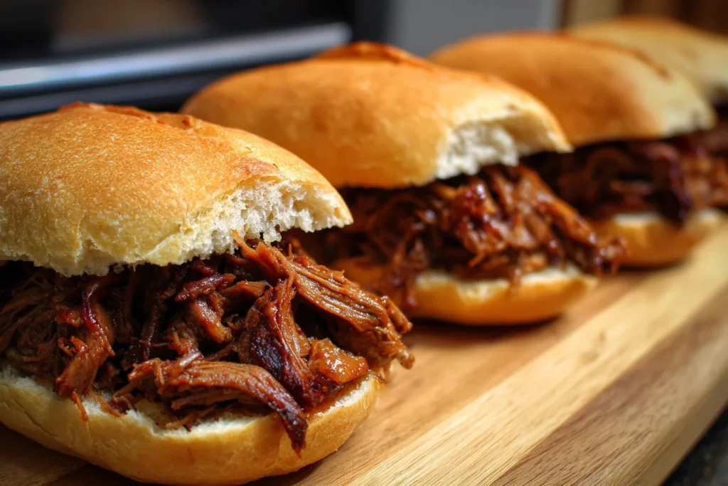 Pulled beef sandwich with juicy meat and toppings on a fresh bun