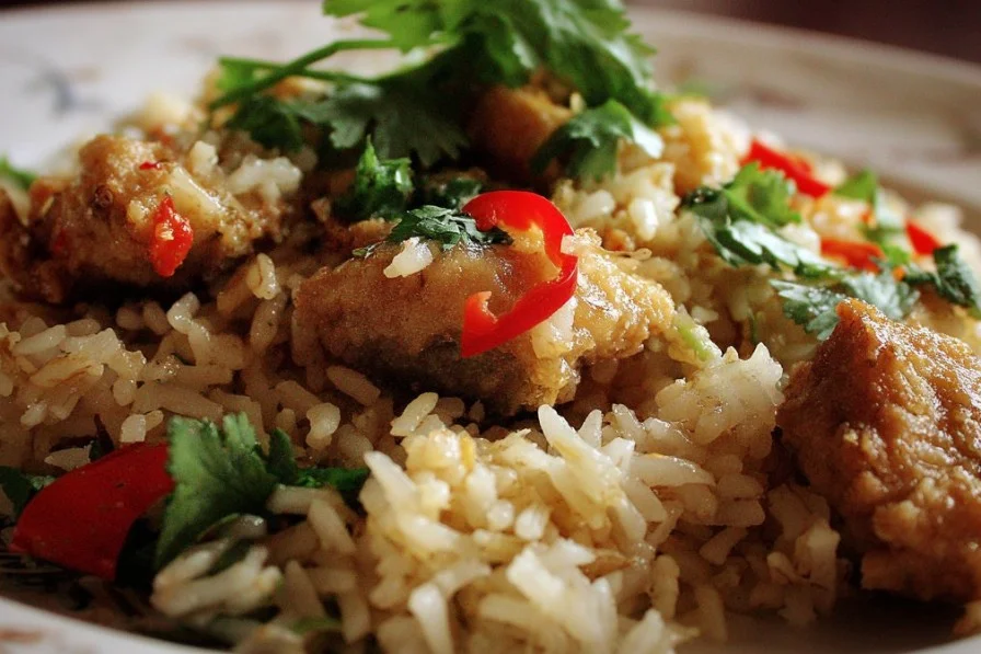 Delicious homemade Rice and Chicken plated with herbs and spices