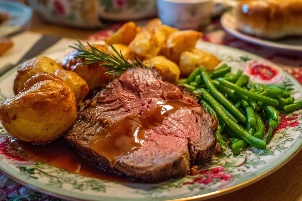 Delicious roast beef dinner served with vegetables and gravy.