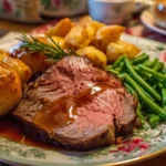 Delicious roast beef dinner served with vegetables and gravy.