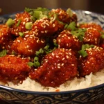 Delicious Sesame Chicken served with rice and vegetables.