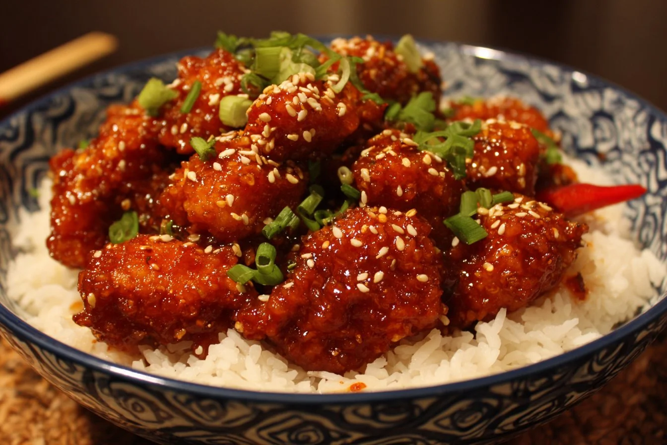 Delicious Sesame Chicken served with rice and vegetables.