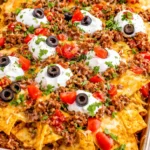 Deliciously loaded sheet pan nachos with toppings ready to serve.