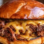 Delicious shredded beef sandwiches served on rustic bread with toppings.