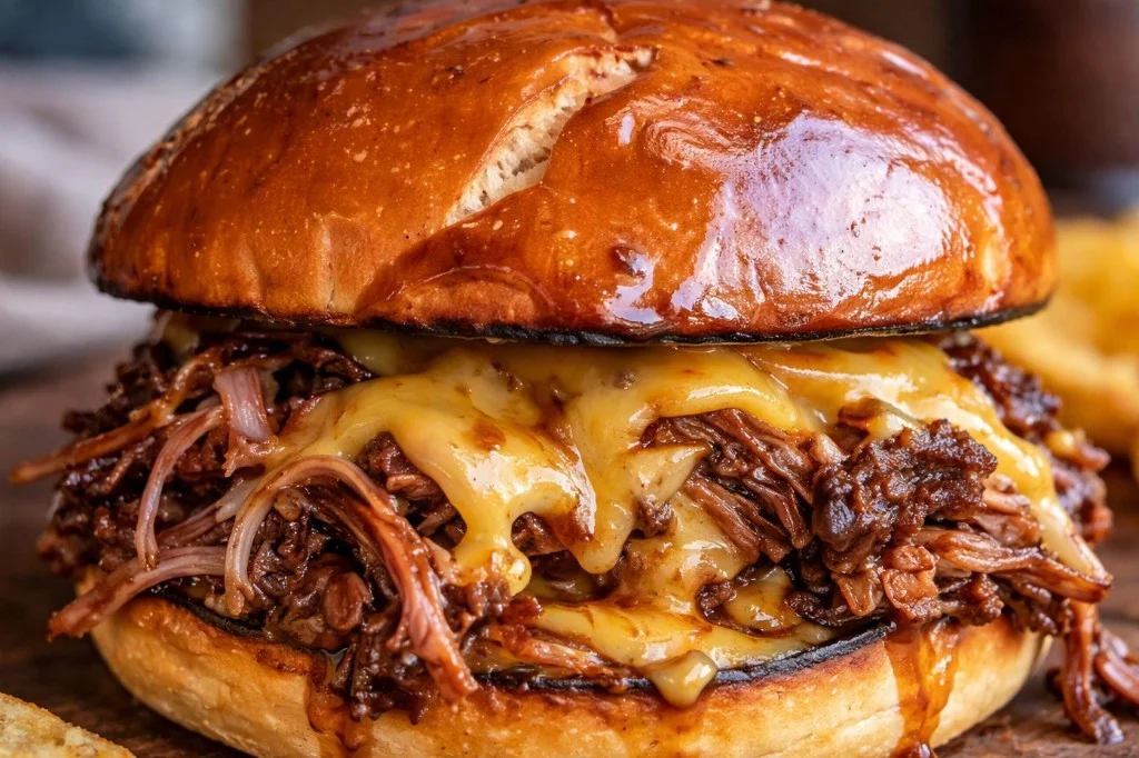 Delicious shredded beef sandwiches served on rustic bread with toppings.