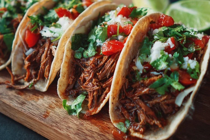 Plate of shredded beef tacos garnished with fresh toppings