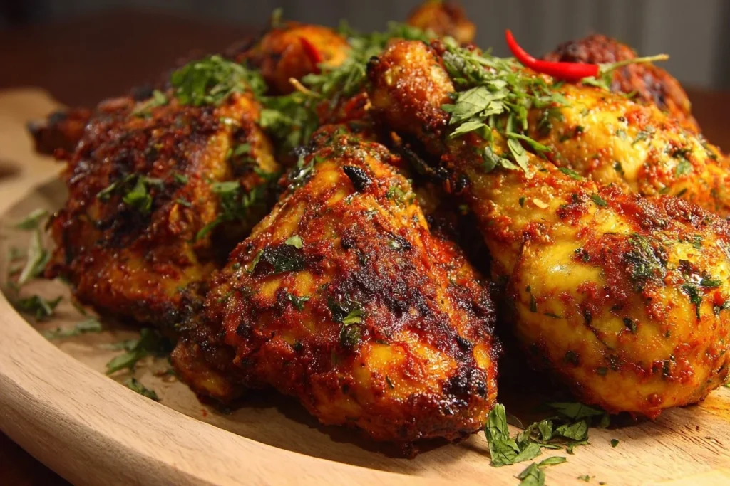 A variety of simple chicken recipes displayed on a wooden table.