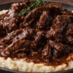 Delicious slow cooked beef on a plate garnished with herbs.