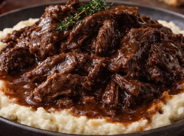 Delicious slow cooked beef on a plate garnished with herbs.