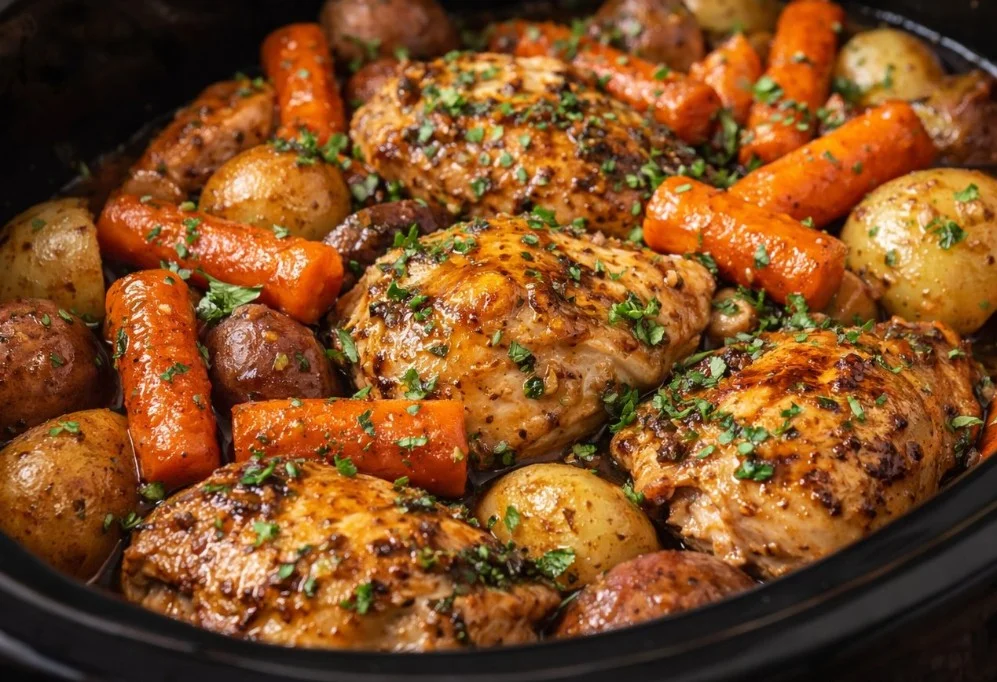 Delicious slow cooker chicken dish served with vegetables