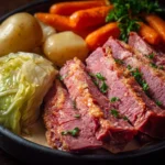 Slow cooker corned beef and cabbage dish served with vegetables