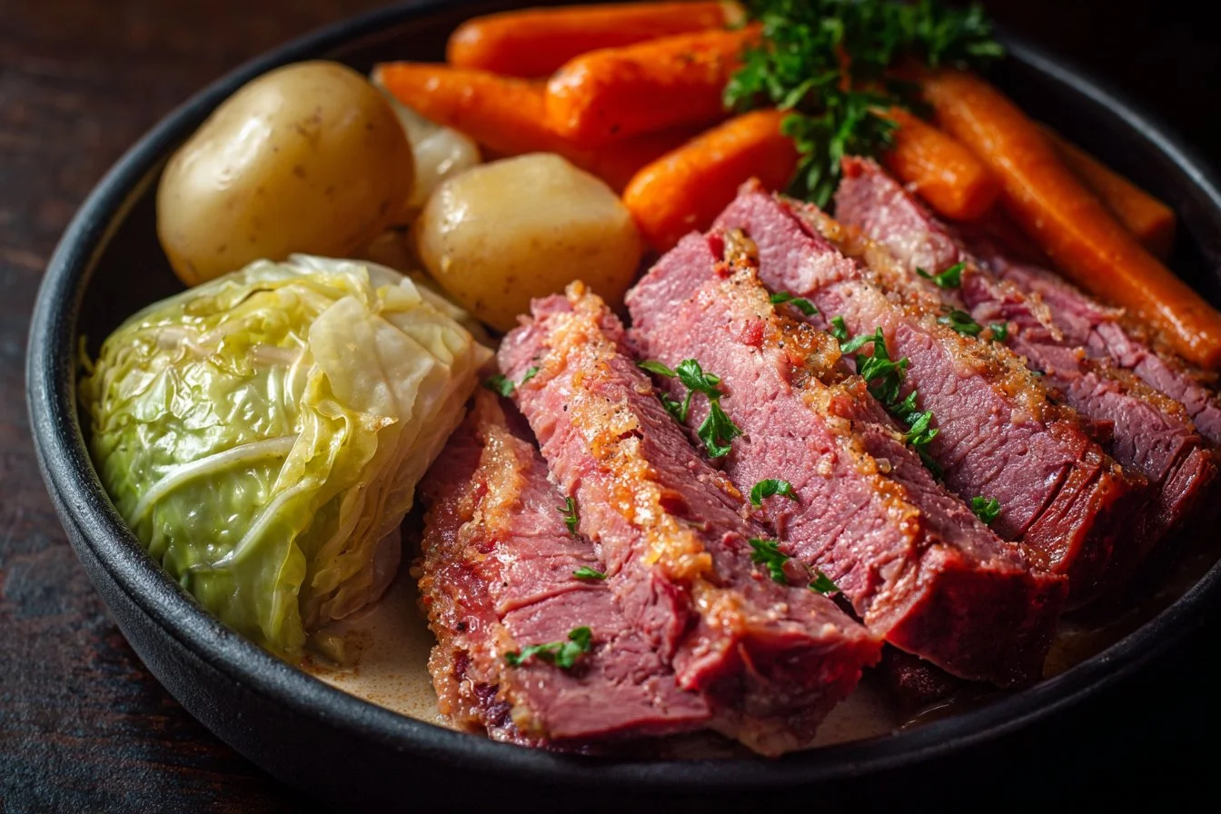 Slow cooker corned beef and cabbage dish served with vegetables