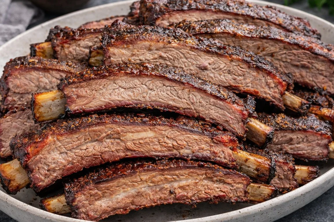 Delicious smoked beef ribs garnished with herbs on a wooden cutting board.