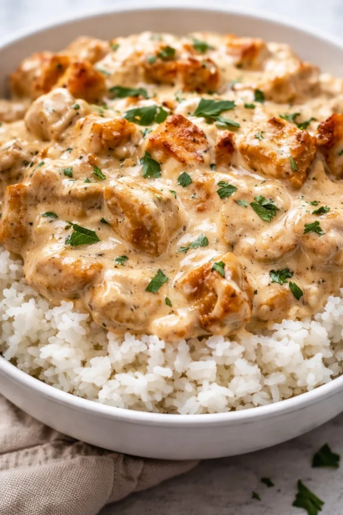 Delicious Smothered Chicken served over fluffy rice in a hearty meal.