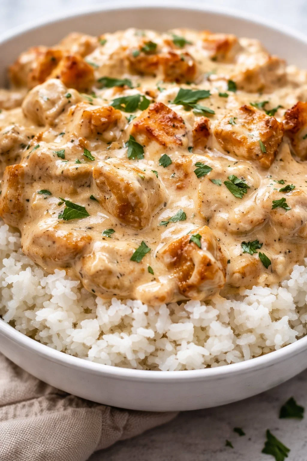 Delicious Smothered Chicken served over fluffy rice in a hearty meal.