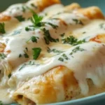 Sour Cream Chicken Enchiladas topped with melted cheese and fresh cilantro