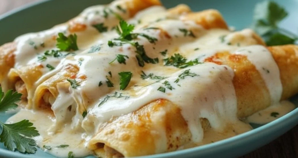 Sour Cream Chicken Enchiladas topped with melted cheese and fresh cilantro