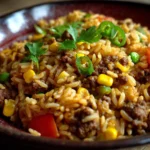 Delicious Spanish rice with ground beef served in a colorful dish.