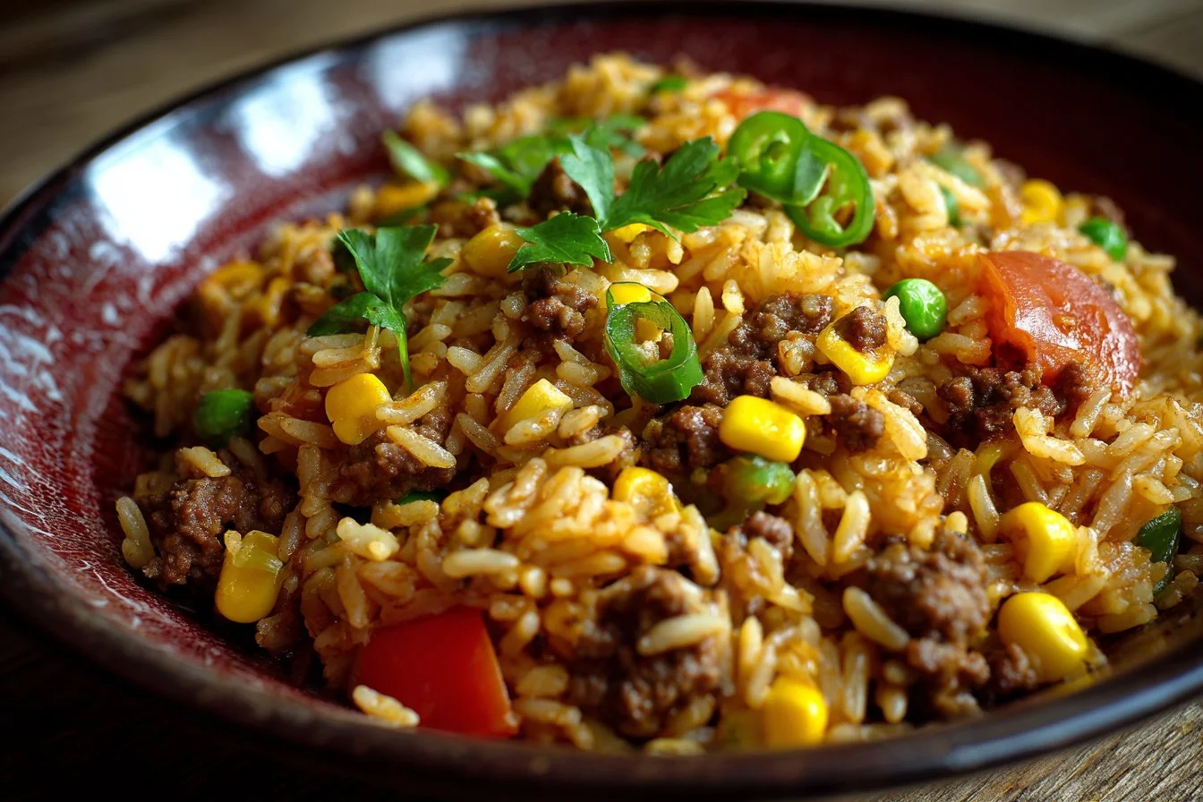 Delicious Spanish rice with ground beef served in a colorful dish.