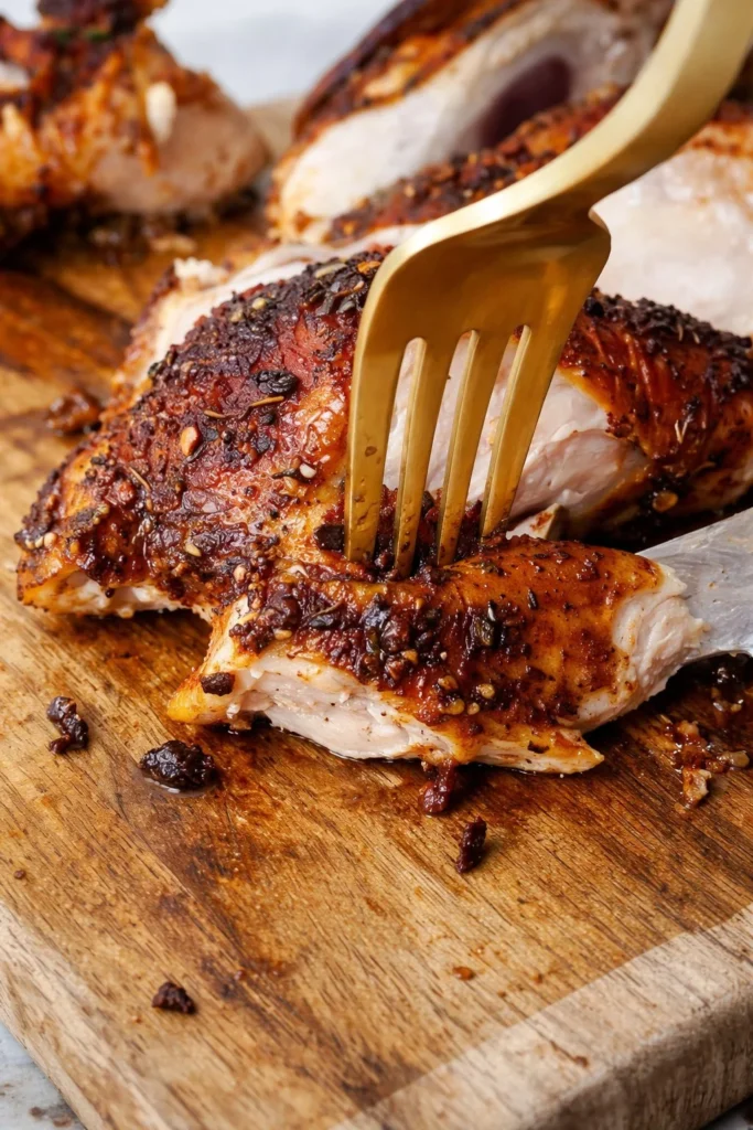 Deliciously roasted spatchcock chicken served with herbs and spices.