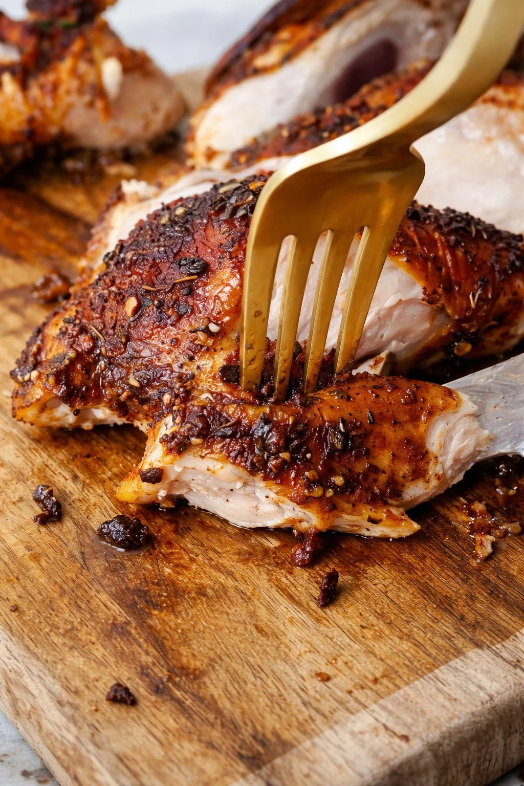 Deliciously roasted spatchcock chicken served with herbs and spices.