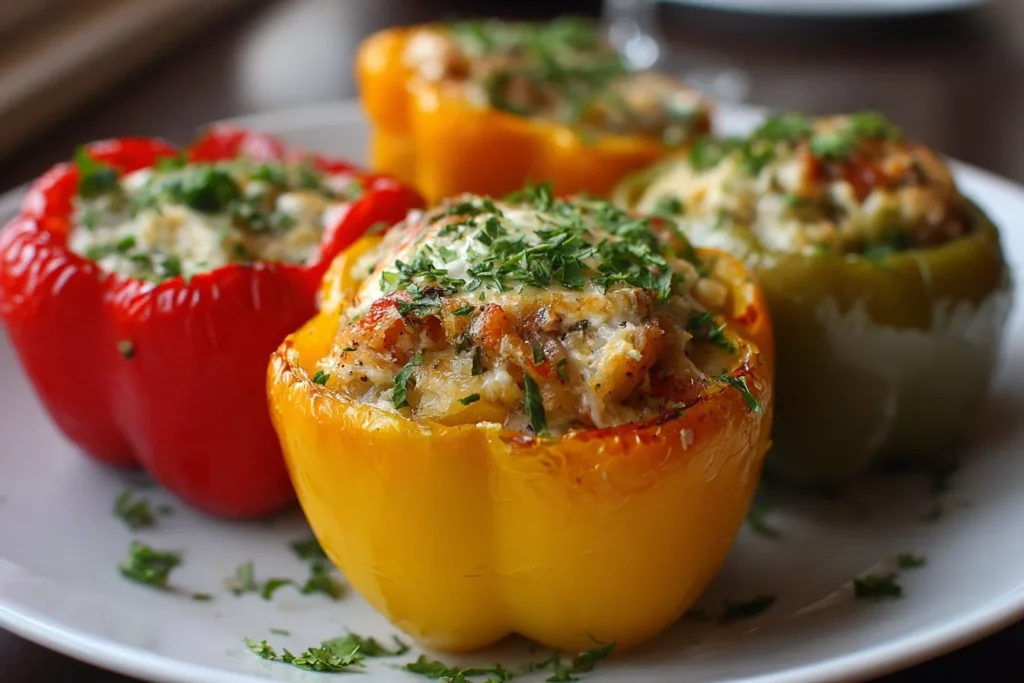 Colorful stuffed bell peppers filled with rice, vegetables, and herbs