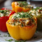 Colorful stuffed bell peppers filled with rice, vegetables, and herbs
