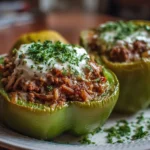 Stuffed green peppers with ground beef, topped with cheese, on a plate