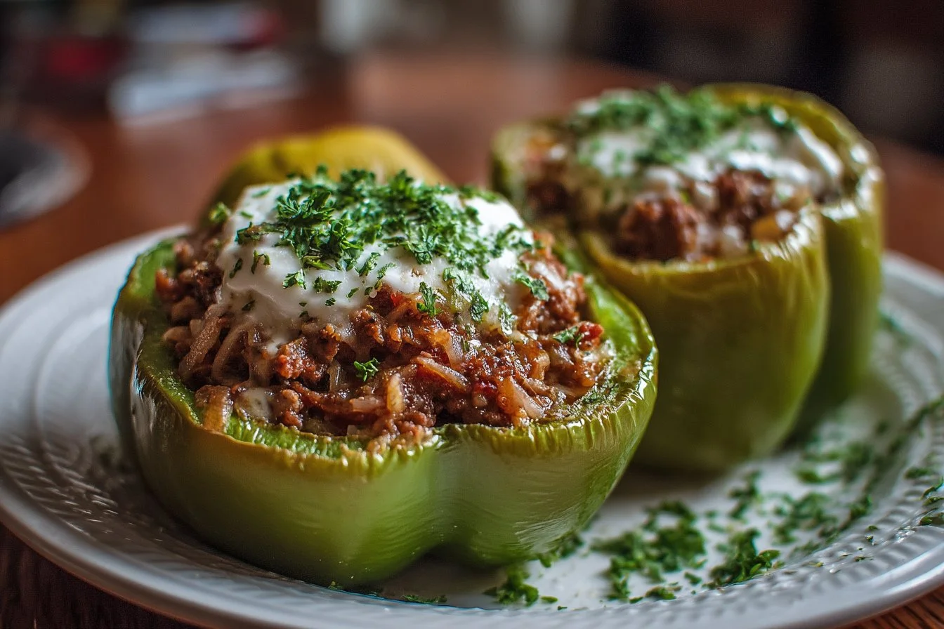 Stuffed green peppers with ground beef, topped with cheese, on a plate