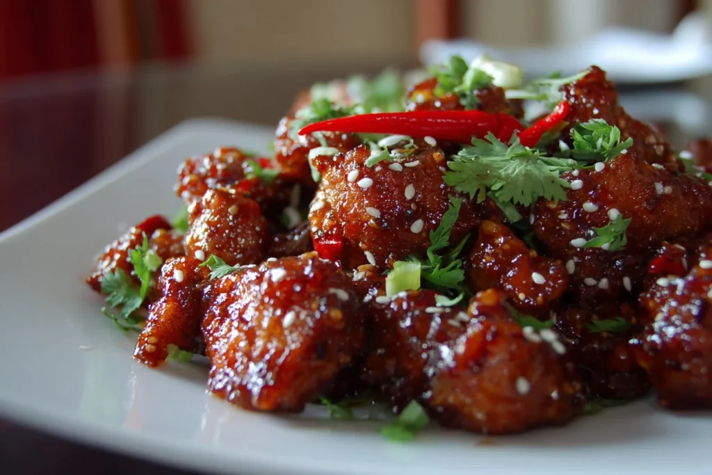 Delicious Sweet Chili Chicken served with vibrant vegetables