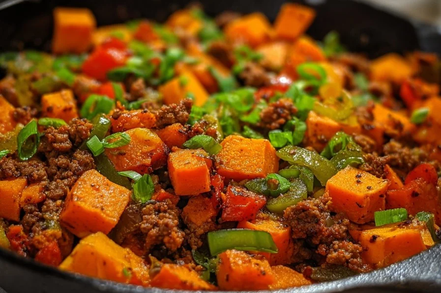 Sweet Potato Ground Beef Skillet with colorful vegetables in a pan