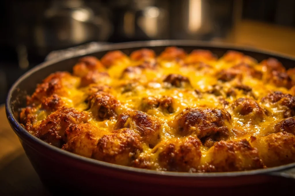 Delicious Tater Tot Casserole topped with golden crispy tater tots and ground beef.