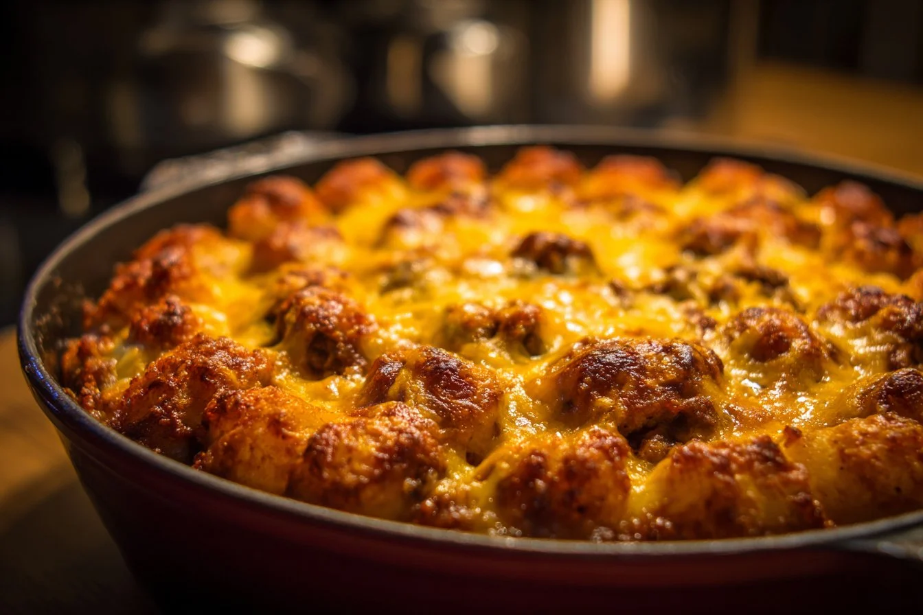 Delicious Tater Tot Casserole topped with golden crispy tater tots and ground beef.