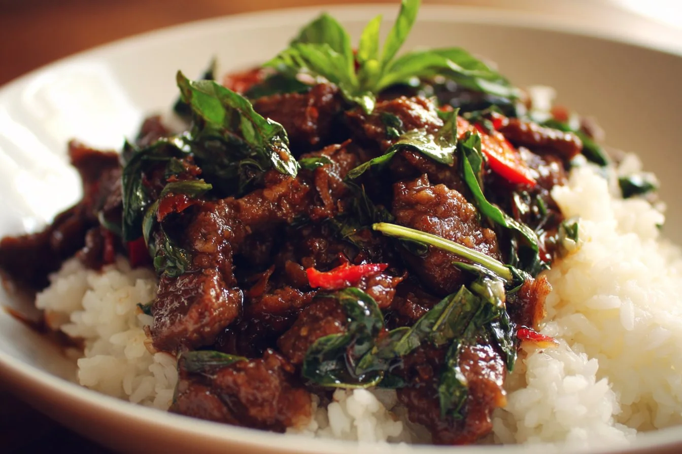 Delicious plate of Thai Basil Beef with savory beef and fresh basil leaves.