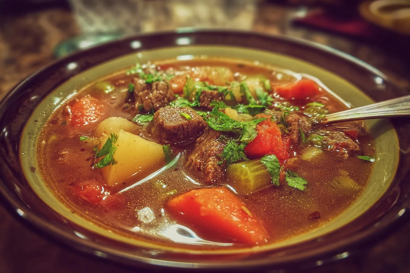 Bowl of hearty Vegetable Beef Soup with fresh vegetables and tender beef chunks