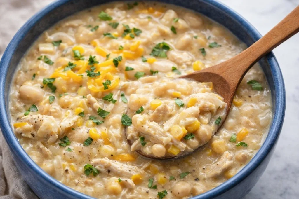 Bowl of creamy white chicken chili topped with cilantro and jalapenos