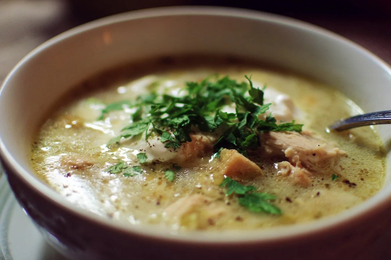 Bowl of white chicken chili topped with cilantro and lime wedges