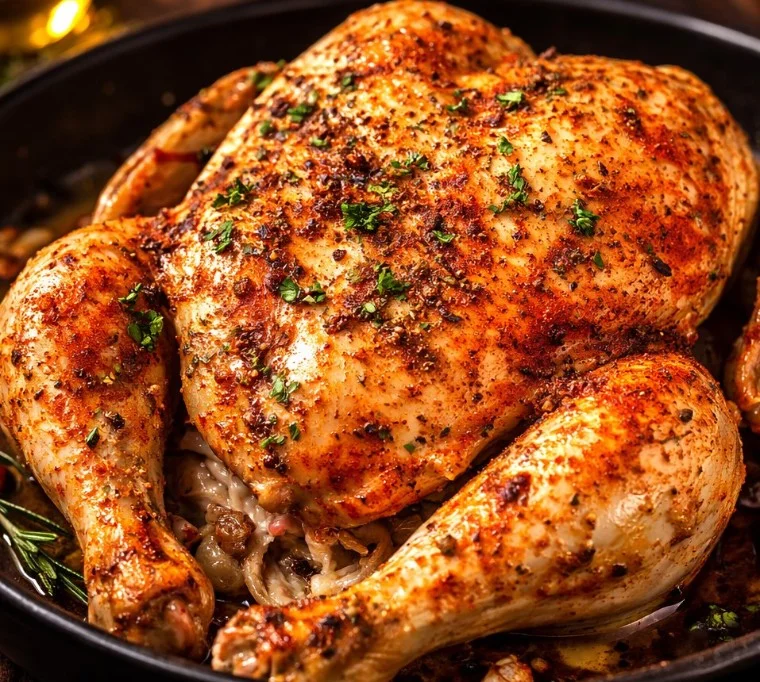 Whole chicken cooked in a crockpot, showcasing juicy and tender texture.