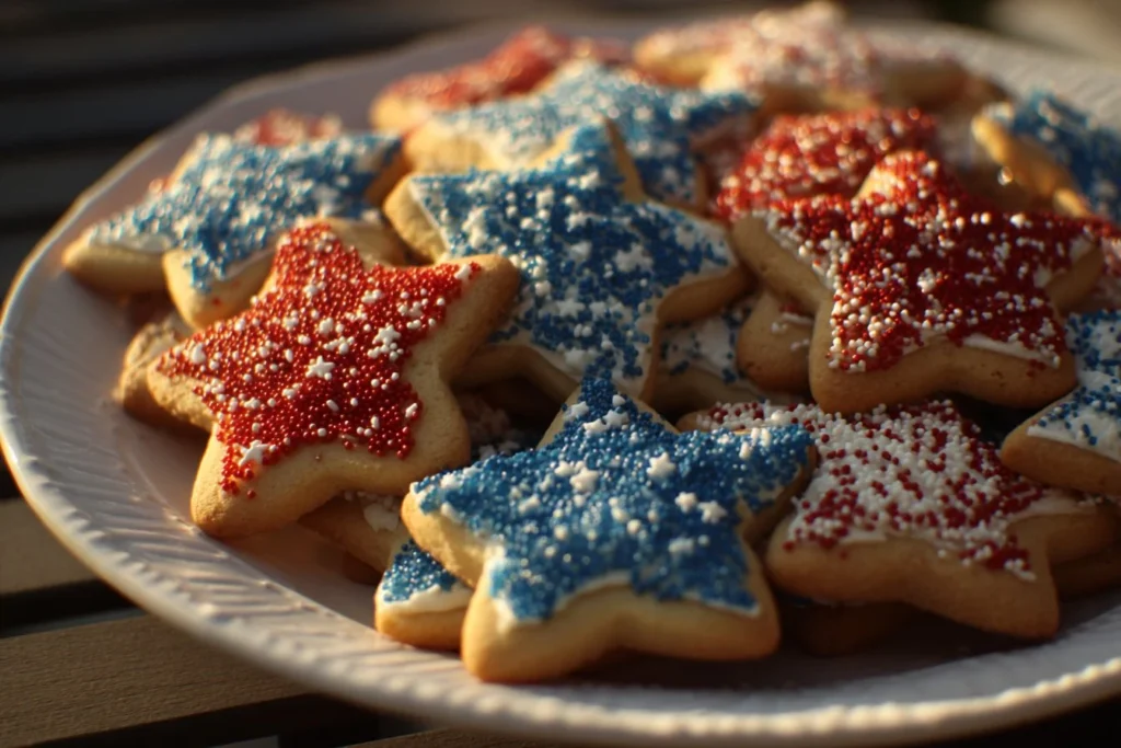 Colorful 4th of July cookies decorated with red, white, and blue sprinkles