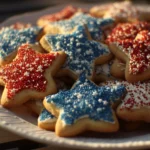 Colorful 4th of July cookies decorated with red, white, and blue sprinkles
