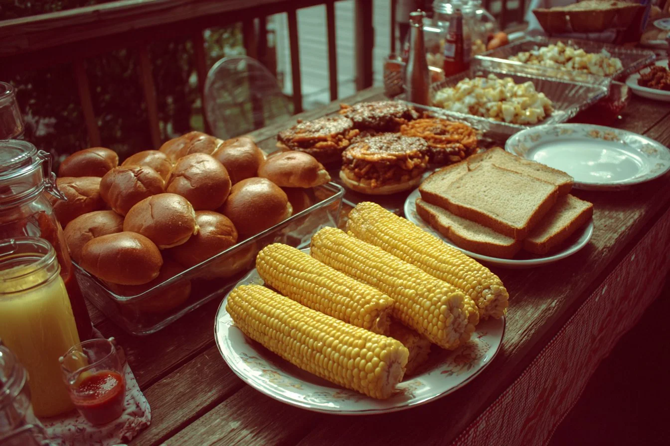 Festive 4th of July food spread featuring BBQ, sides, and desserts.