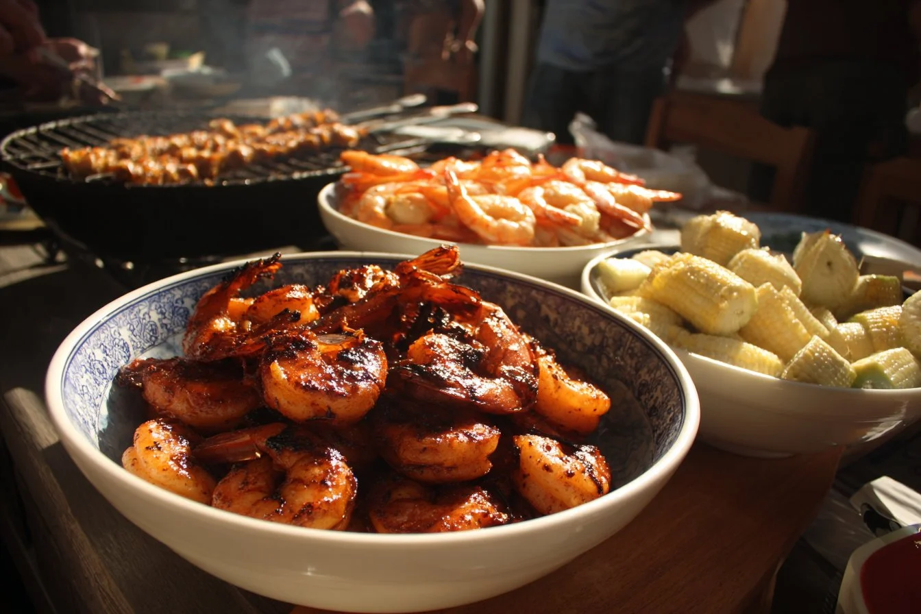Festive 4th of July party food spread with red, white, and blue decorations.