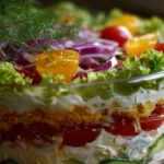 Colorful 7 Layer Salad with fresh vegetables and dressing in a glass bowl.