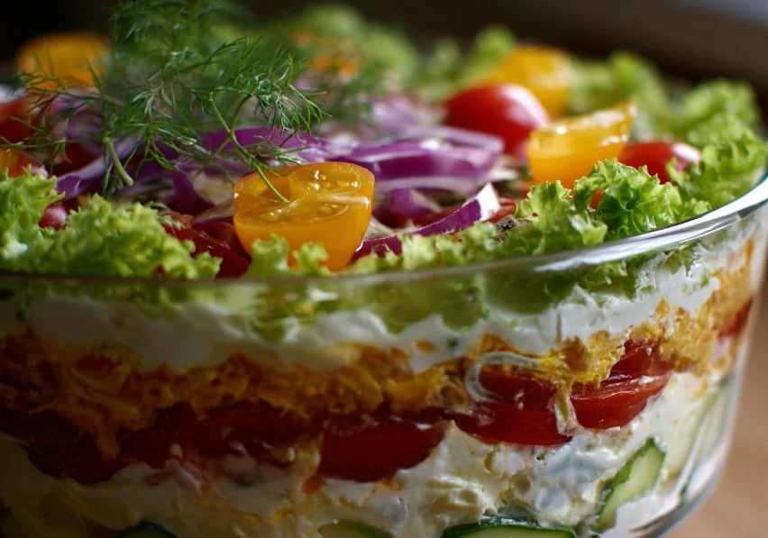 Colorful 7 Layer Salad with fresh vegetables and dressing in a glass bowl.