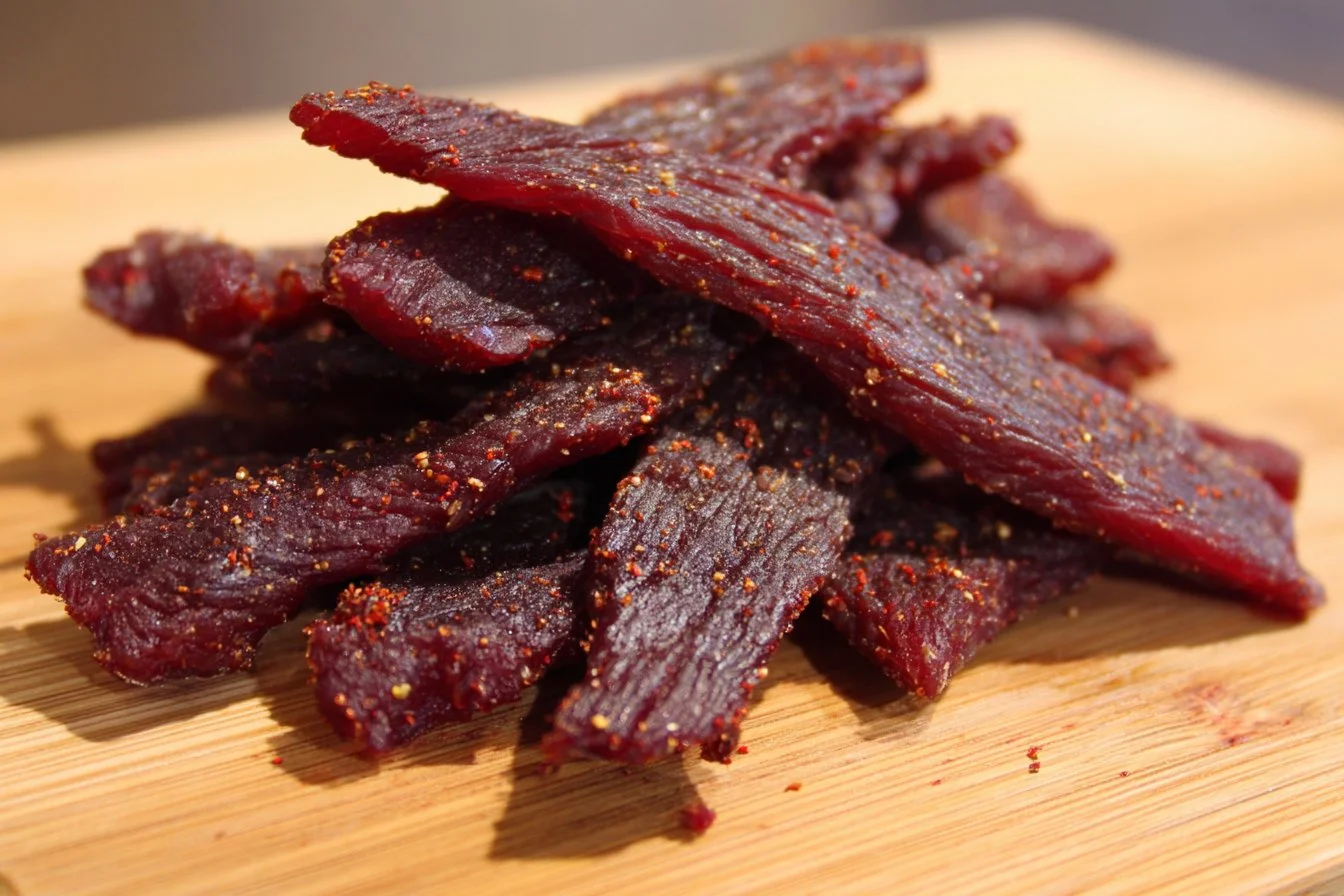 Air fryer beef jerky in a bowl with seasonings and herbs
